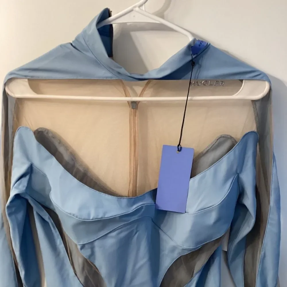 Mugler Illusion Cutout Bodysuit –‎ Light Blue Mesh, Size 8 | NWT